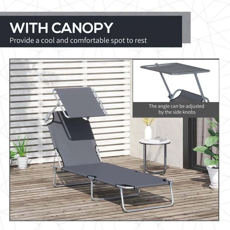 Outsunny Reclining Sun Lounger With Sun Shade - Grey - 84B-001GY - Image 6