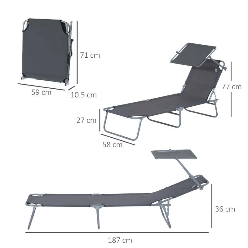 Outsunny Reclining Sun Lounger With Sun Shade - Grey - 84B-001GY - Image 3