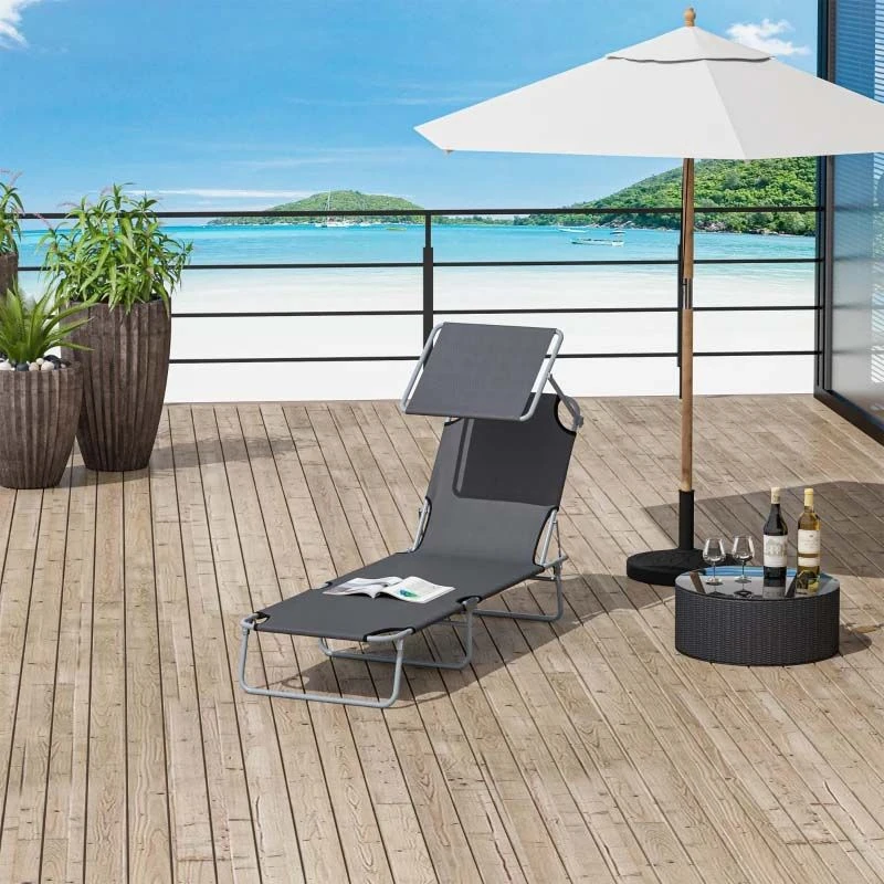 Outsunny Reclining Sun Lounger With Sun Shade - Grey - 84B-001GY - Image 9