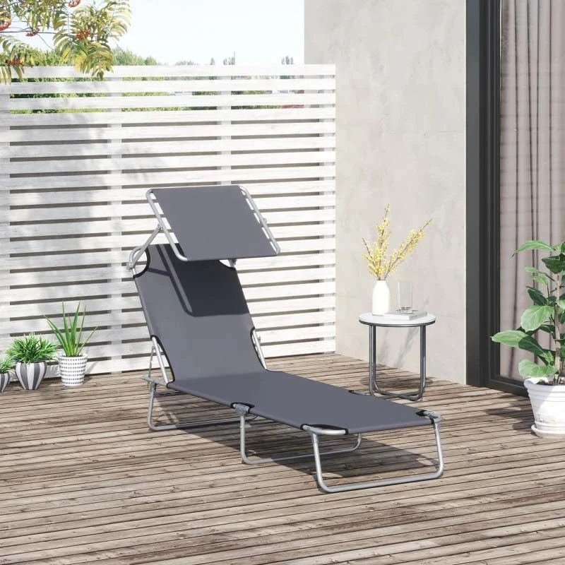 Outsunny Reclining Sun Lounger With Sun Shade - Grey - 84B-001GY