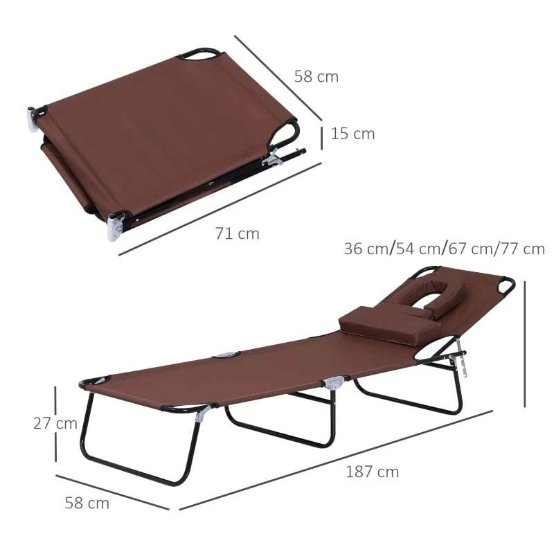 Outsunny Reclining Sun Lounger With Pillow - Brown - 84B-002 - Image 3