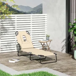 Outsunny Reclining Sun Lounger With Pillow - Beige - 84B-002BG