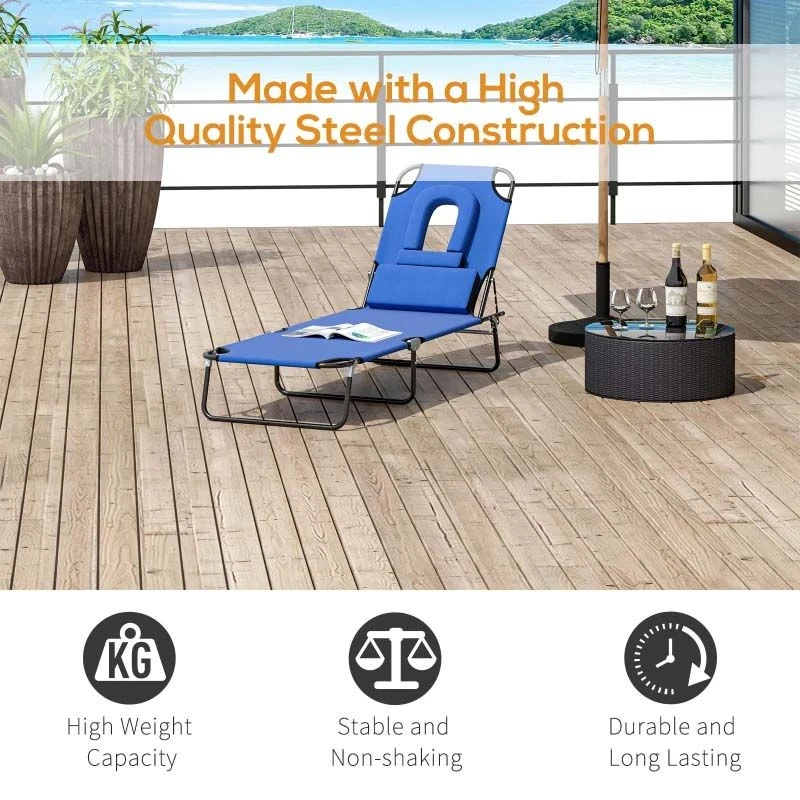 Outsunny Reclining Sun Lounger With Pillow - Blue - 84B-002BU - Image 6