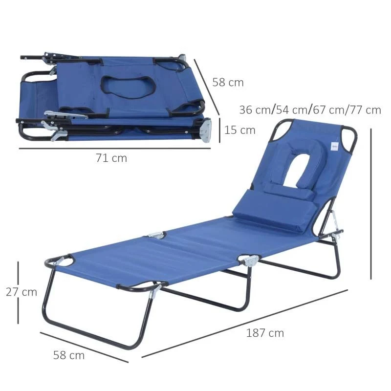 Outsunny Reclining Sun Lounger With Pillow - Blue - 84B-002BU - Image 3