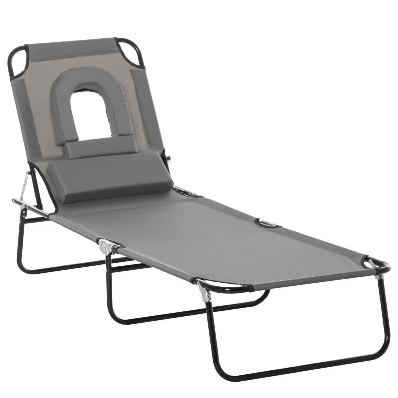 Outsunny Reclining Sun Lounger With Pillow - Grey - 84B-002CG - Image 2