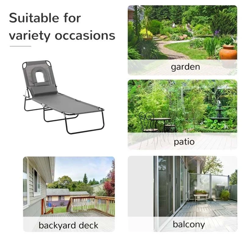 Outsunny Reclining Sun Lounger With Pillow - Grey - 84B-002CG - Image 5