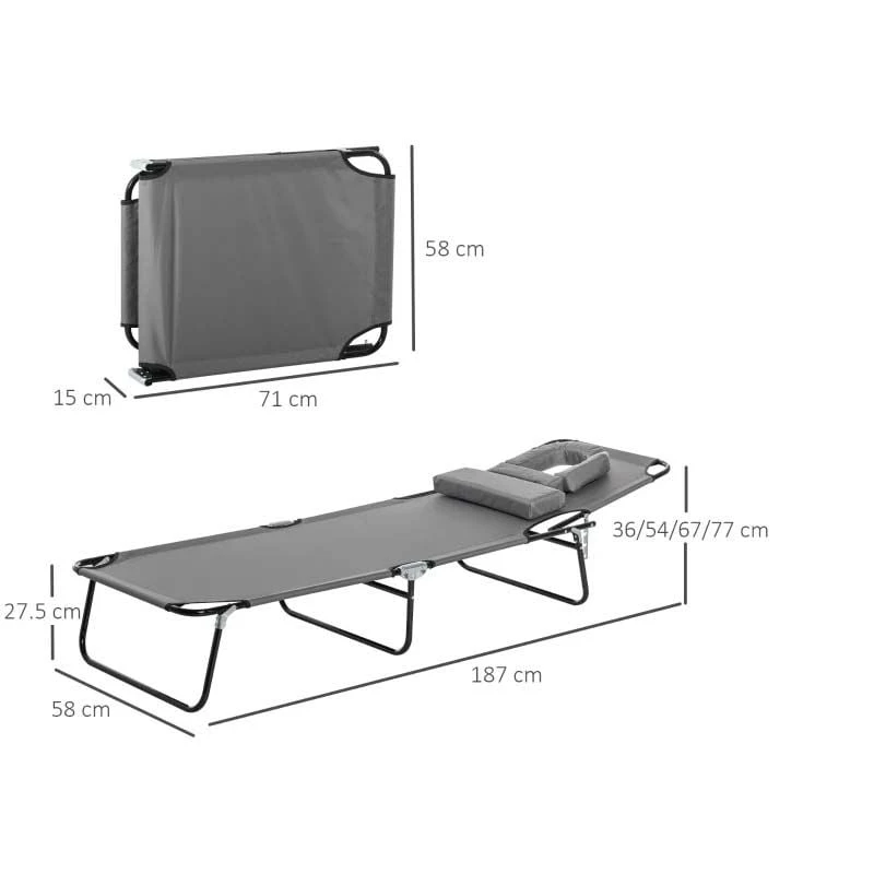 Outsunny Reclining Sun Lounger With Pillow - Grey - 84B-002CG - Image 3