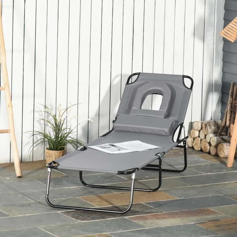 Outsunny Reclining Sun Lounger With Pillow - Grey - 84B-002CG - Image 8