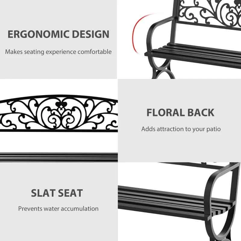 Outsunny Powder Coated Steel Garden Bench 1270x600x850mm - Black - 84B-009 - Image 5