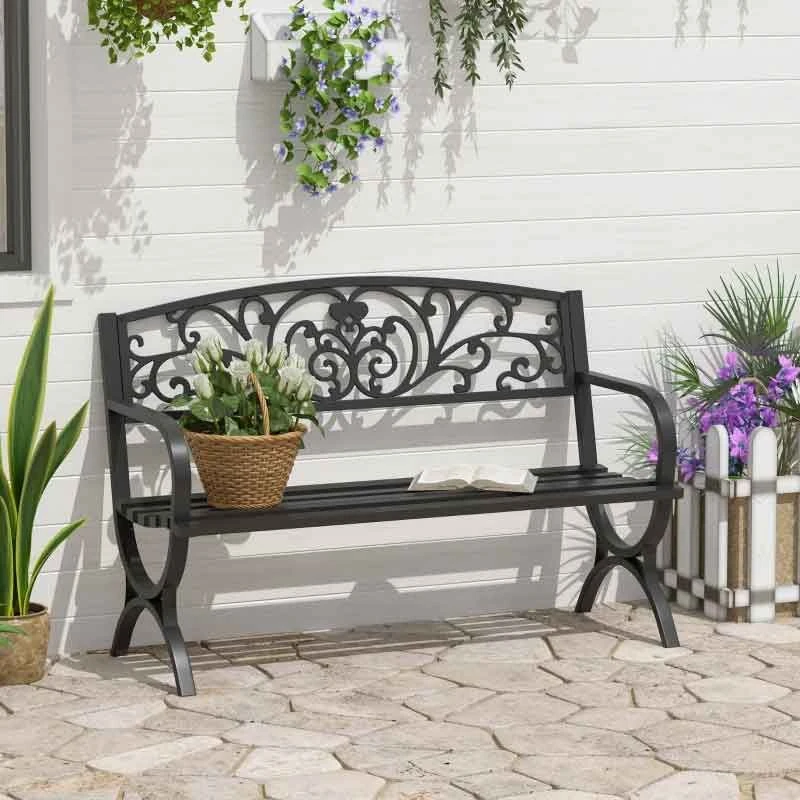 Outsunny Powder Coated Steel Garden Bench 1270x600x850mm - Black - 84B-009