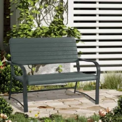 Outsunny 2 Seater Slatted Metal Frame Garden Bench - Black - 84B-128