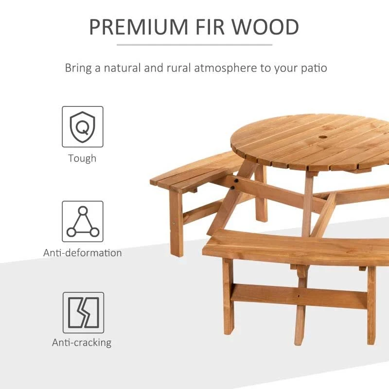 Outsunny 6-Seater Round Garden Picnic Table Set - Fir Wood - 84B-163 - Image 4