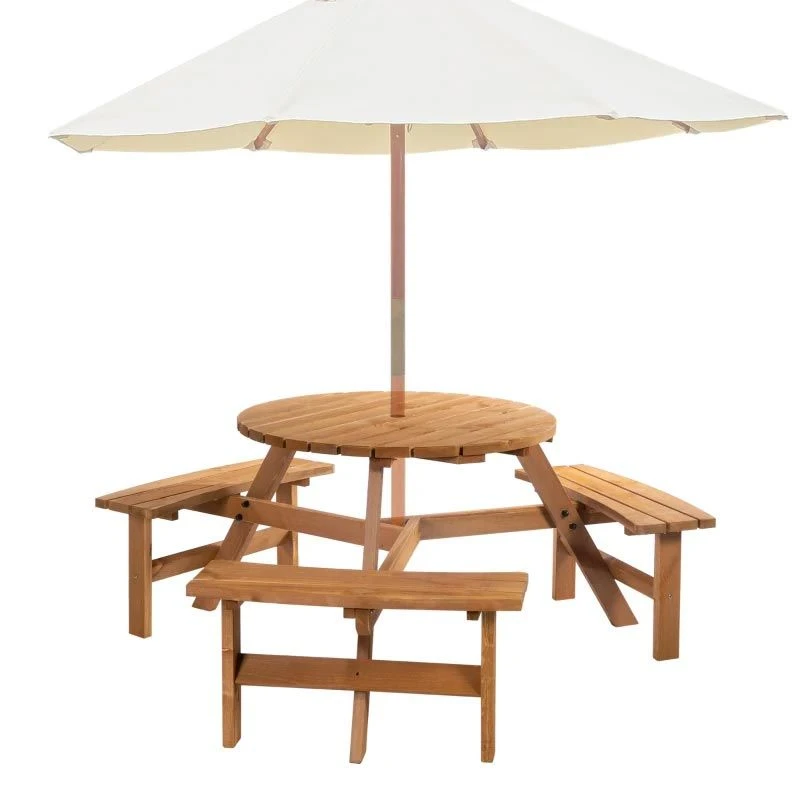 Outsunny 6-Seater Round Garden Picnic Table Set - Fir Wood - 84B-163 - Image 2