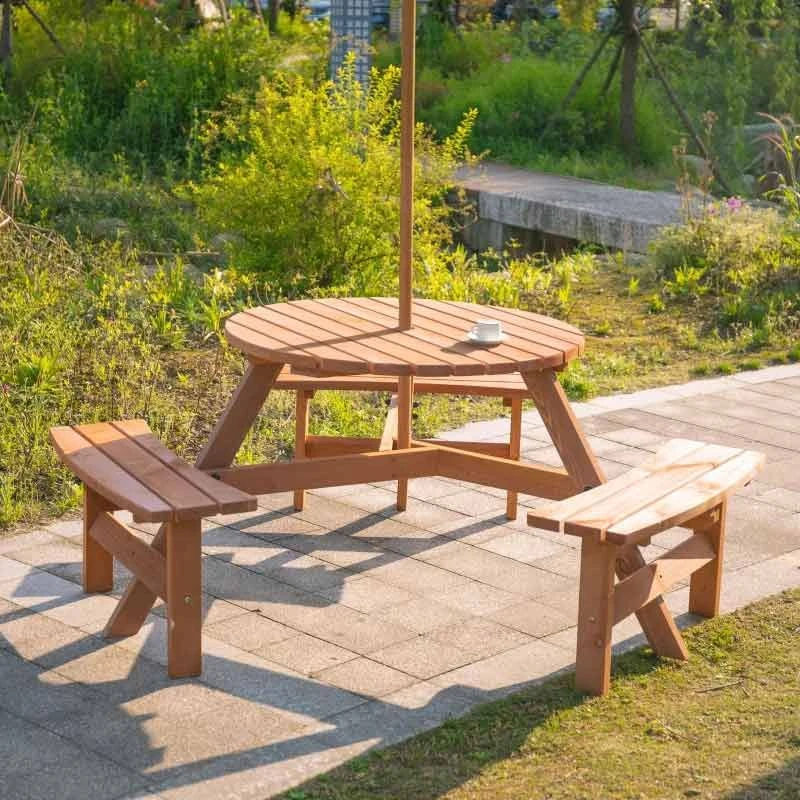 Outsunny 6-Seater Round Garden Picnic Table Set - Fir Wood - 84B-163 - Image 6