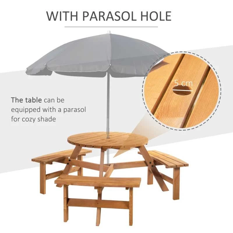 Outsunny 6-Seater Round Garden Picnic Table Set - Fir Wood - 84B-163 - Image 7