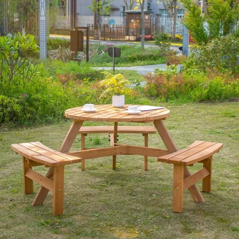 Outsunny 6-Seater Round Garden Picnic Table Set - Fir Wood - 84B-163