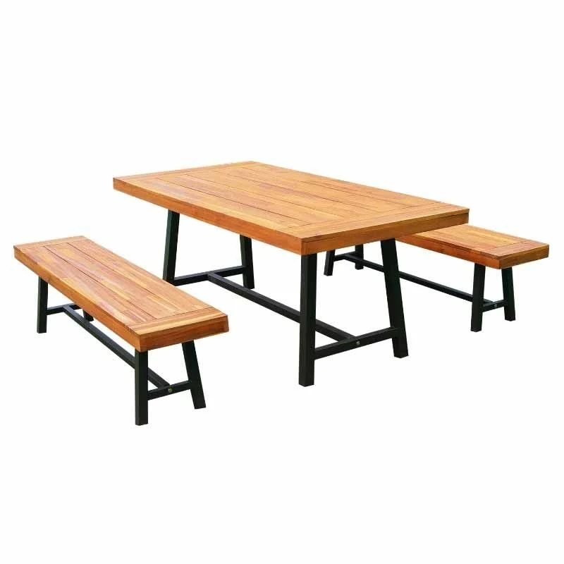 Outsunny 3 Piece Dining Table & Bench Set - Acacia Natural Wood - 84B-172 - Image 2