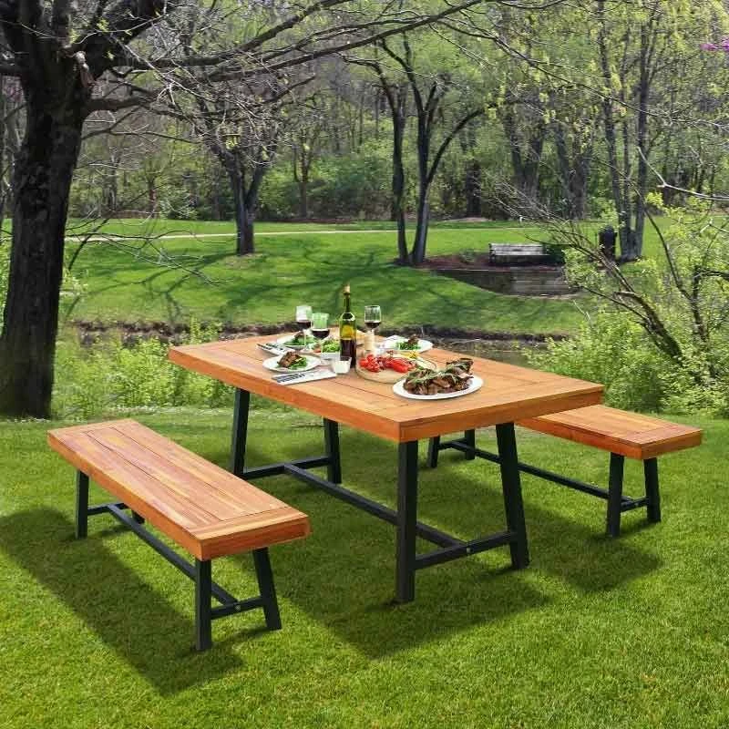 Outsunny 3 Piece Dining Table & Bench Set - Acacia Natural Wood - 84B-172