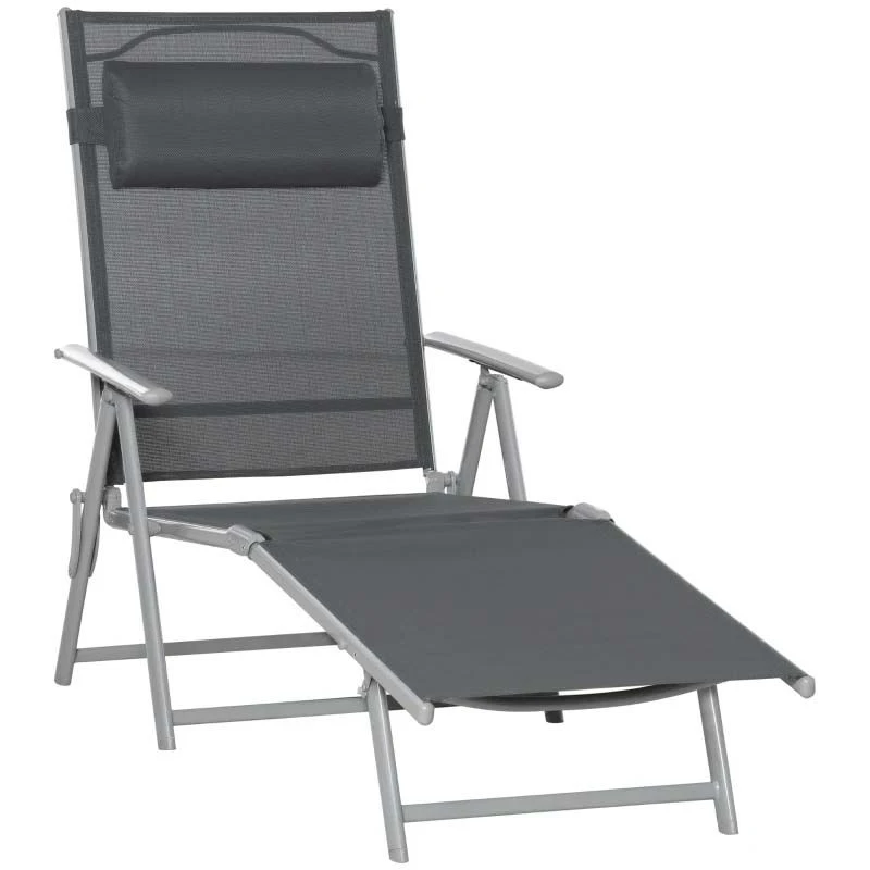 Outsunny Reclining Sun Lounger With Pillow - Grey - 84B-184V02CG - Image 2