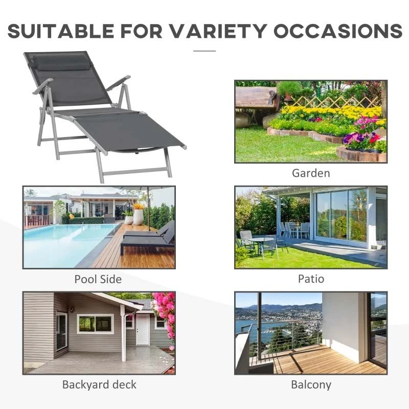 Outsunny Reclining Sun Lounger With Pillow - Grey - 84B-184V02CG - Image 7