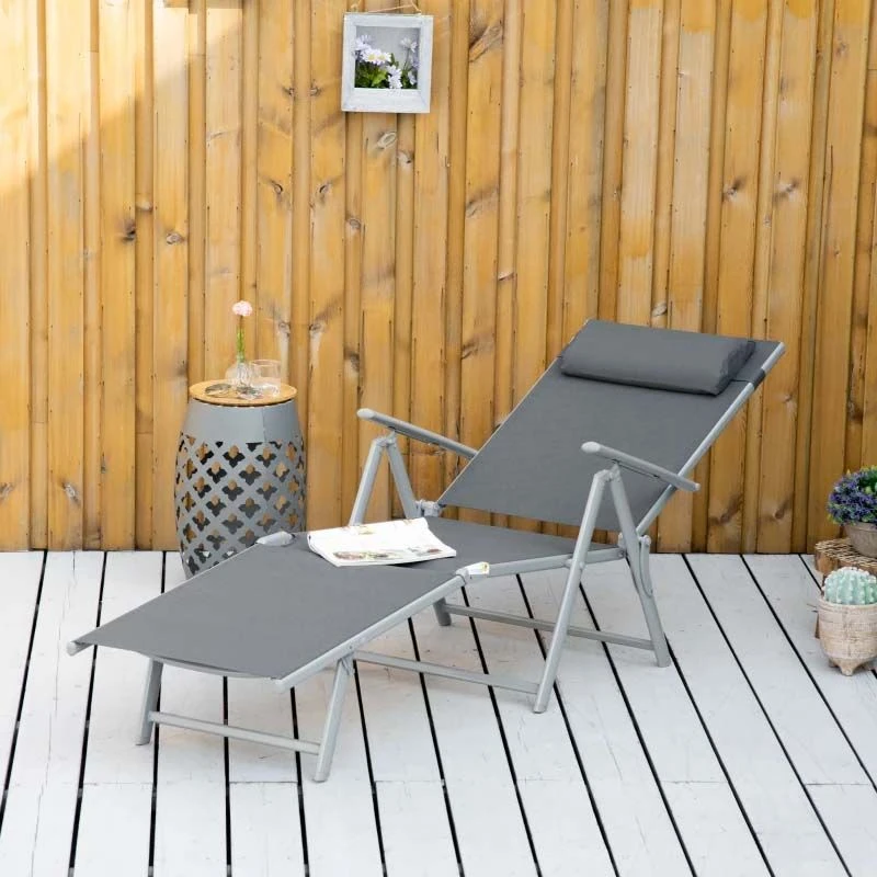Outsunny Reclining Sun Lounger With Pillow - Grey - 84B-184V02CG - Image 9
