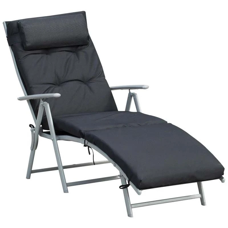 Outsunny Reclining Sun Lounger With Cushion - Black - 84B-184V70BK - Image 2