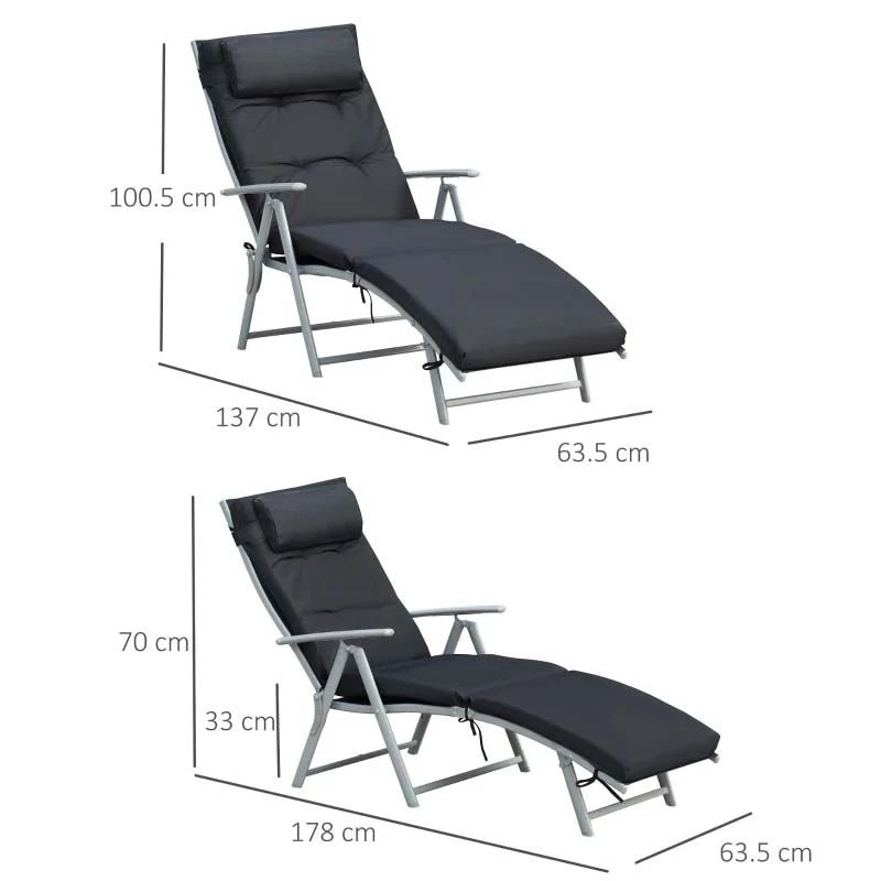 Outsunny Reclining Sun Lounger With Cushion - Black - 84B-184V70BK - Image 3