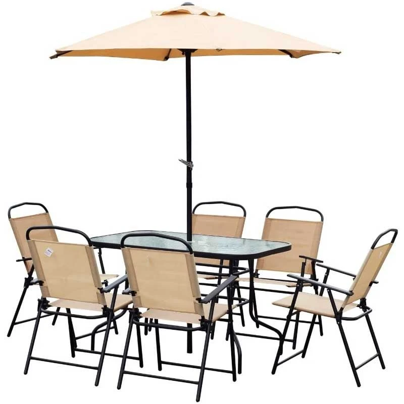 Outsunny 8 Piece Dining Set With 6 Folding Chairs & Umbrella - Beige - 84B-191 - Image 2
