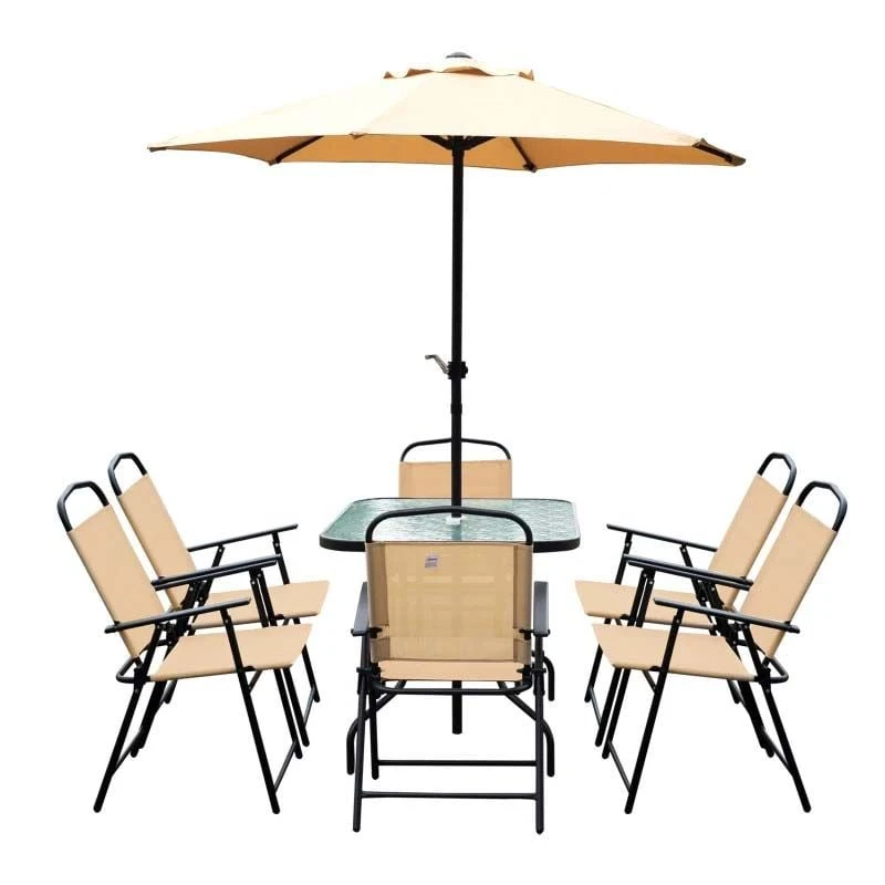 Outsunny 8 Piece Dining Set With 6 Folding Chairs & Umbrella - Beige - 84B-191 - Image 5
