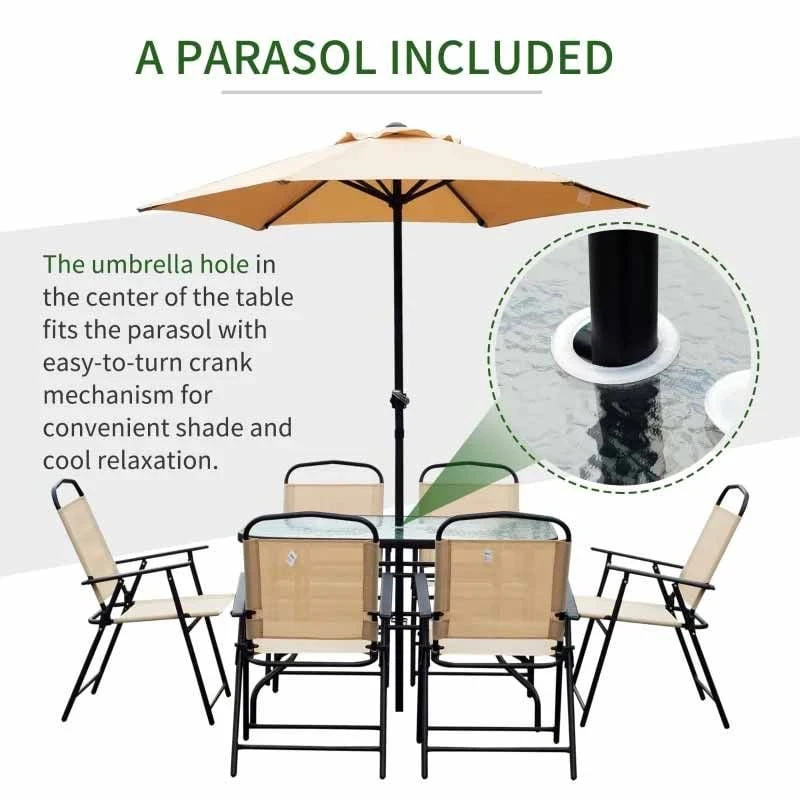 Outsunny 8 Piece Dining Set With 6 Folding Chairs & Umbrella - Beige - 84B-191 - Image 7