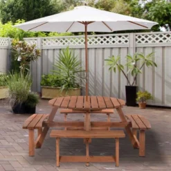 Outsunny 8-Seater Round Garden Picnic Table Set - Fir Wood - 84B-192