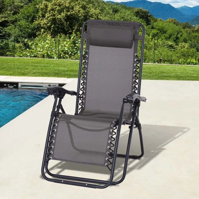 Outsunny Reclining Sun Lounger With Pillow - Grey - 84B-227GY - Image 9
