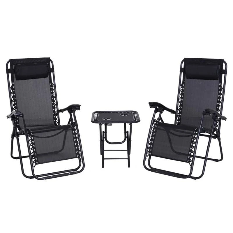 Outsunny 3-Piece Reclining Sun Lounger Set With Table - Black - 84B-271BK - Image 2