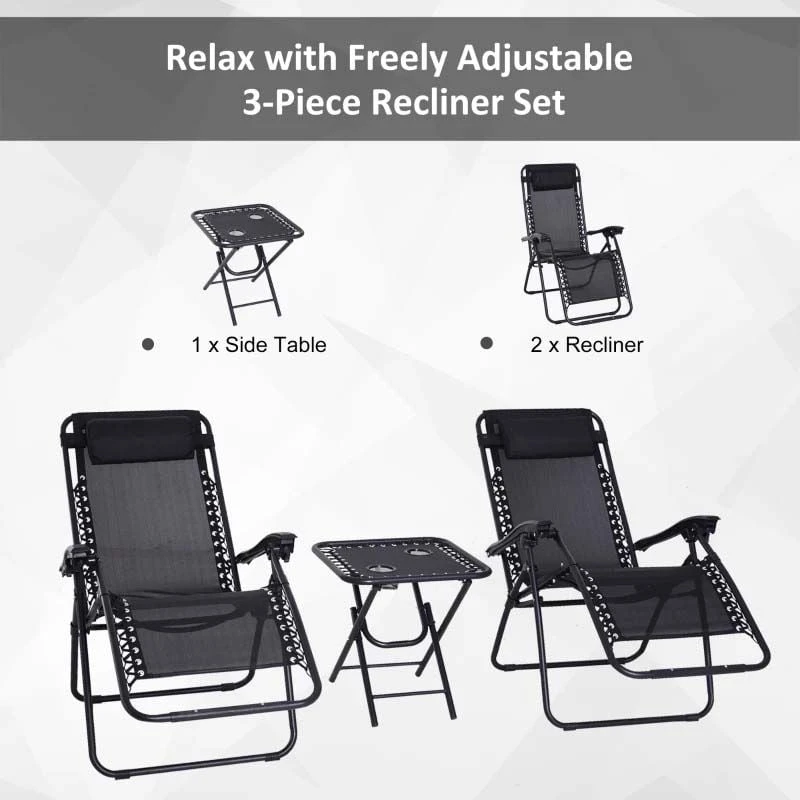 Outsunny 3-Piece Reclining Sun Lounger Set With Table - Black - 84B-271BK - Image 4