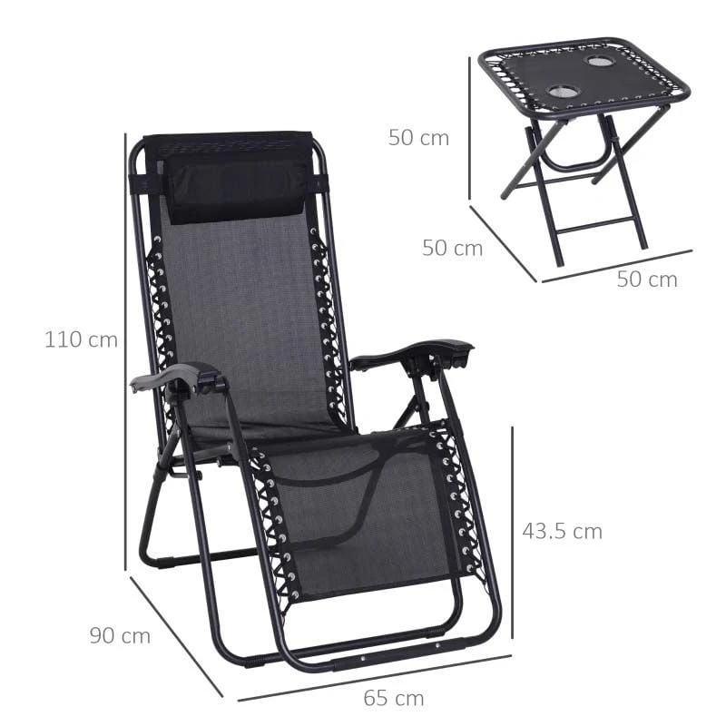 Outsunny 3-Piece Reclining Sun Lounger Set With Table - Black - 84B-271BK - Image 3