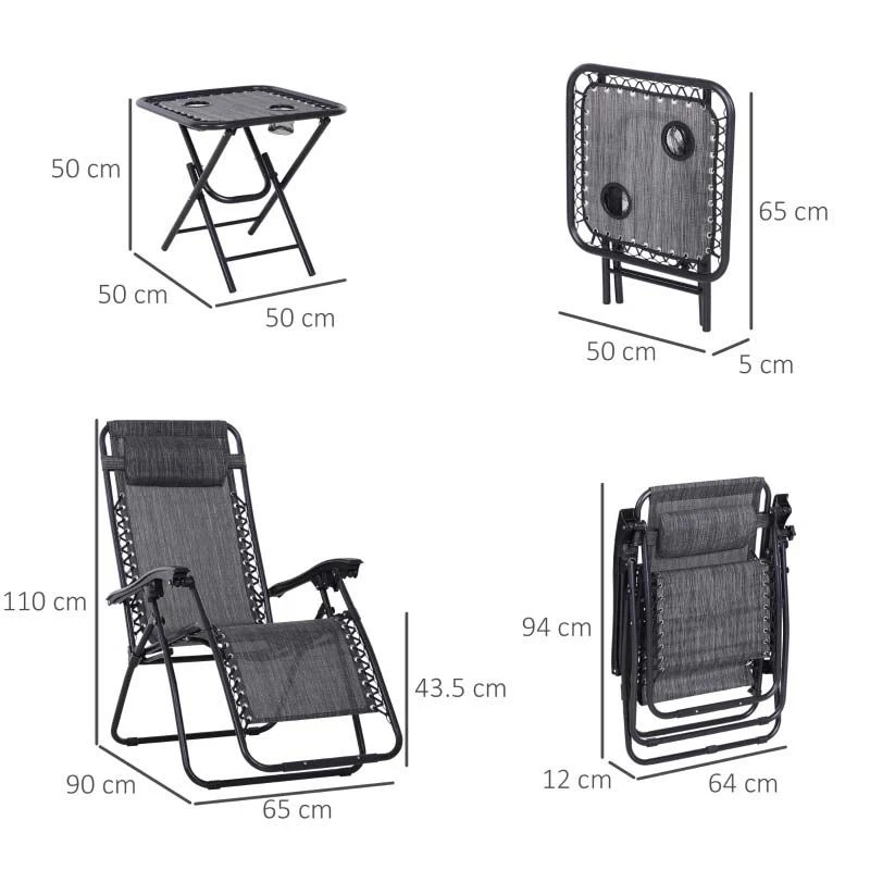 Outsunny 3-Piece Reclining Sun Lounger Set With Table - Grey - 84B-271CG - Image 3