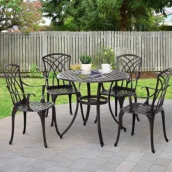 Outsunny 4-Seater Cast Aluminium Outdoor Garden Table & Chair Set - Brown - 84B-346