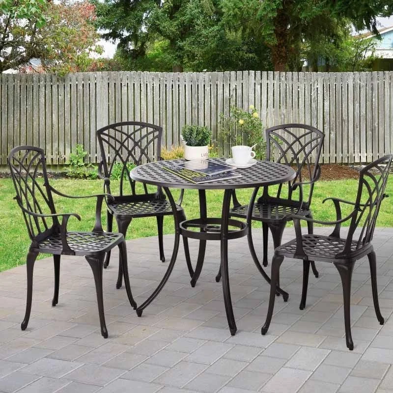 Outsunny 4-Seater Cast Aluminium Outdoor Garden Table & Chair Set - Brown - 84B-346
