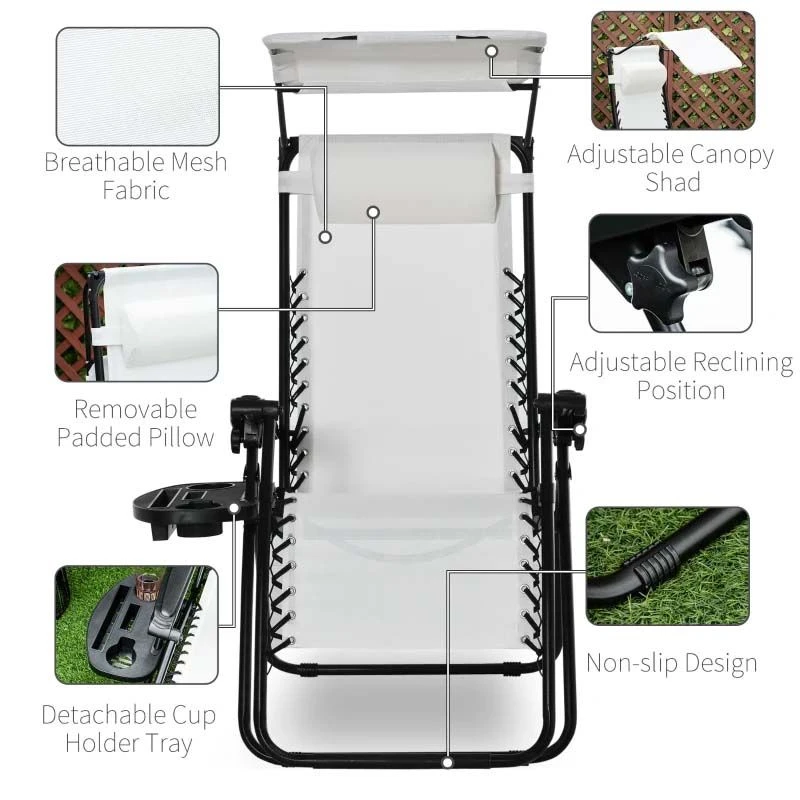 Outsunny Reclining Sun Lounger With Sun Shade - White - 84B-388V70WT - Image 5