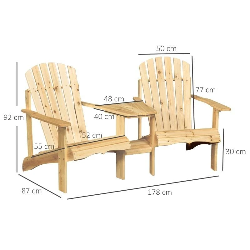 Outsunny 2-Seater Garden Bench With Table - Natural - 84B-396ND - Image 3