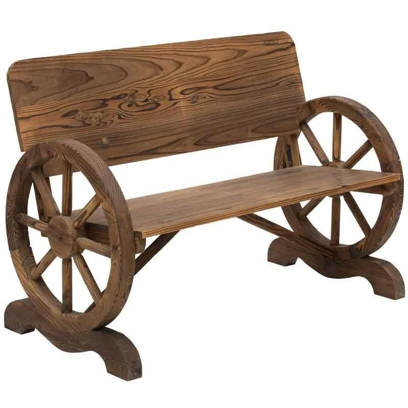 Outsunny Wooden Wagon Wheel Garden Bench - Brown - 84B-408 - Image 2