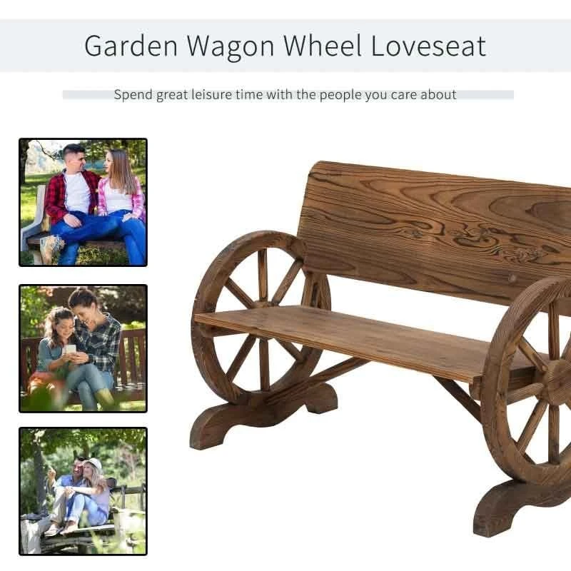 Outsunny Wooden Wagon Wheel Garden Bench - Brown - 84B-408 - Image 4