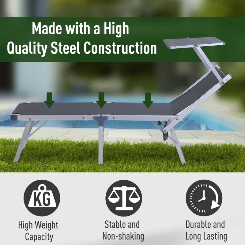 Outsunny Reclining Sun Lounger With Sun Shade - Black - 84B-433CG - Image 5