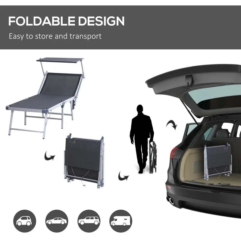 Outsunny Reclining Sun Lounger With Sun Shade - Black - 84B-433CG - Image 6