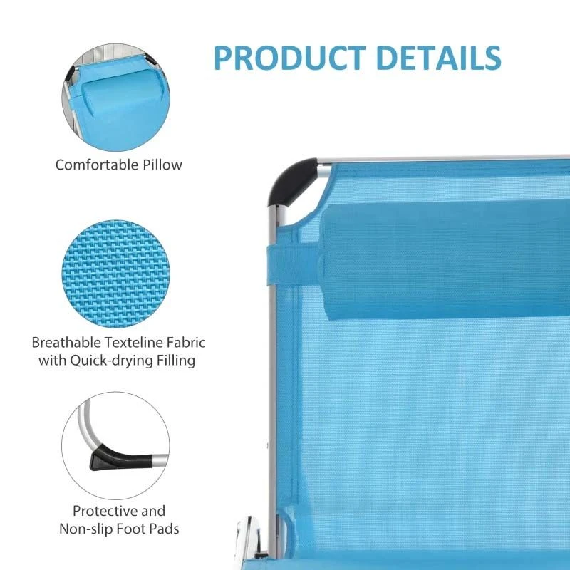 Outsunny Reclining Sun Lounger With Pillow - Blue - 84B-592V70BU - Image 6