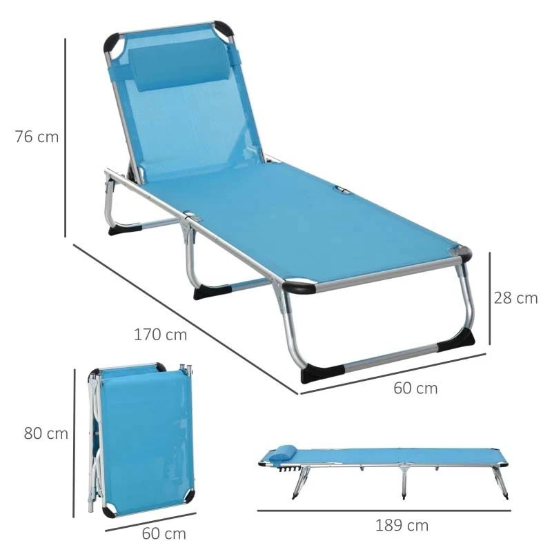 Outsunny Reclining Sun Lounger With Pillow - Blue - 84B-592V70BU - Image 3