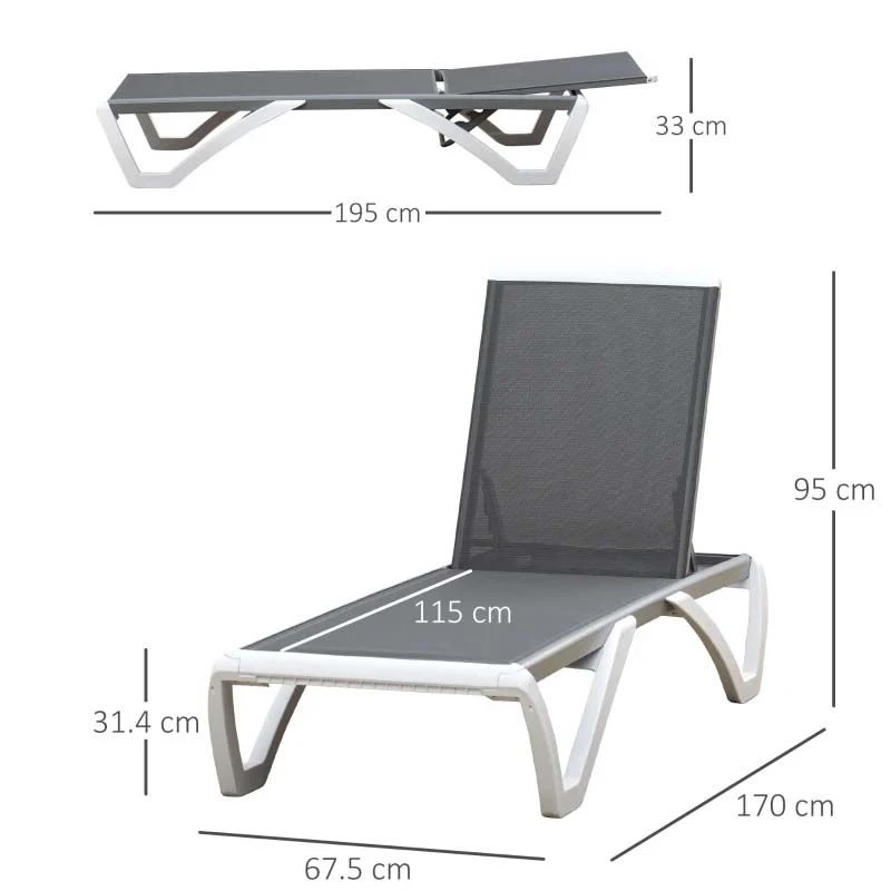 Outsunny Reclining Sun Lounger - Grey - 84B-595GY - Image 3
