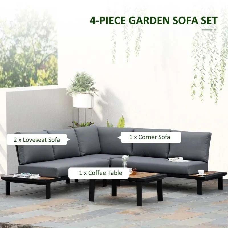 Outsunny 4 Piece L Shaped Garden Furniture Set - Grey - 84B-606V71CG - Image 4