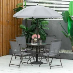 Outsunny 6 Piece Patio Dining Table & Folding Chairs Set With Umbrella - Brown - 84B-688