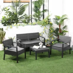Outsunny 4-Seater Rattan Effect Garden Furniture Set - Grey - 84B-722V70